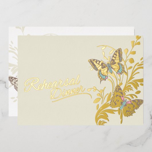 Butterflies Braun Gold Hochzeit Probe Dinner Folieneinladung (Vorderseite/Rückseite)