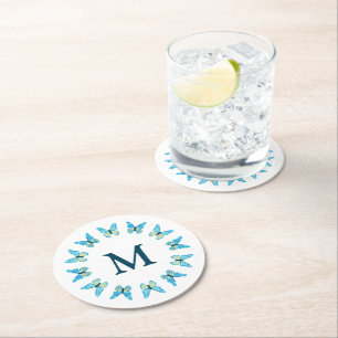 Butterflies Custom Colors Graphic Mit Monogramm Runder Pappuntersetzer