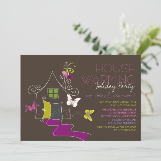 Butterflies Deco Leaves Housewarming Holiday Party Einladung (Stehend Vorderseite)