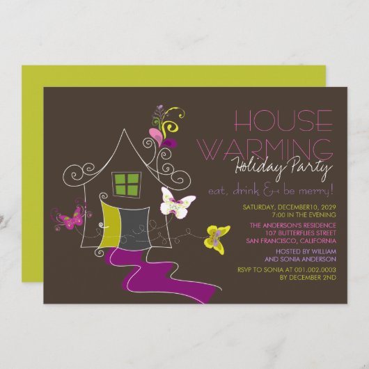 Butterflies Deco Leaves Housewarming Holiday Party Einladung (Vorne/Hinten)
