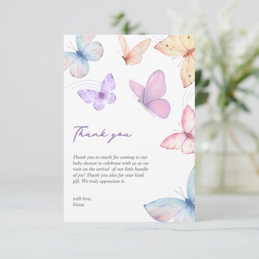 Butterflies Elegant Baby shower Hand-written Dankeskarte (Stehend Vorderseite)