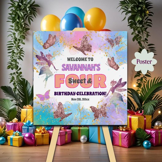 Butterflies Fairy Glitter 4th Birthday Welcome Poster