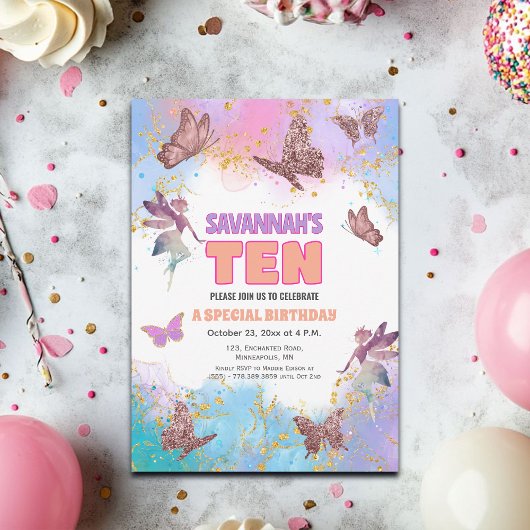 Butterflies Fairy Gold Glitter 10th Birthday Party Einladung
