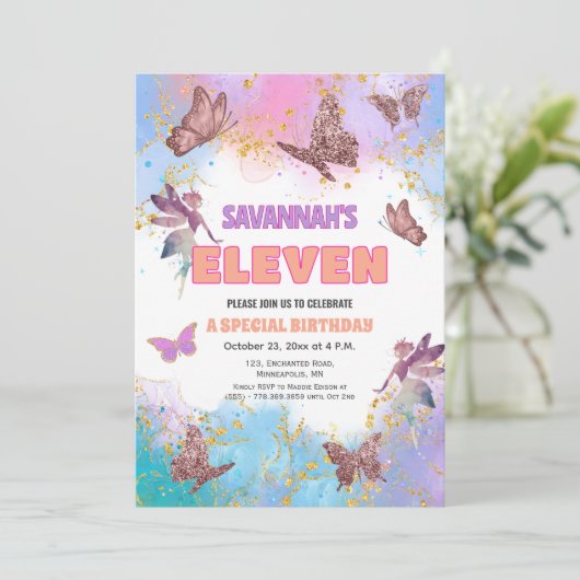 Butterflies Fairy Gold Glitter 11th Birthday Party Einladung (Stehend Vorderseite)