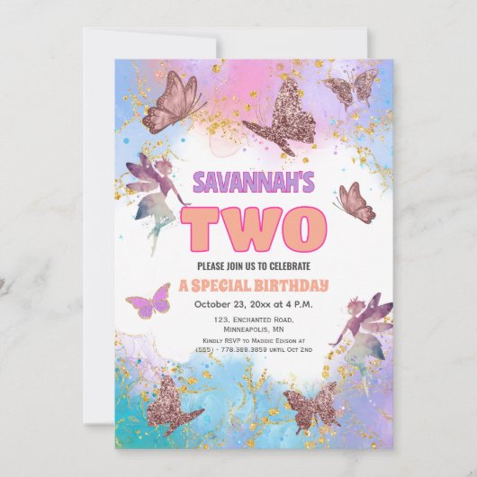 Butterflies Fairy Gold Glitter 2nd Birthday Party Einladung (Vorderseite)
