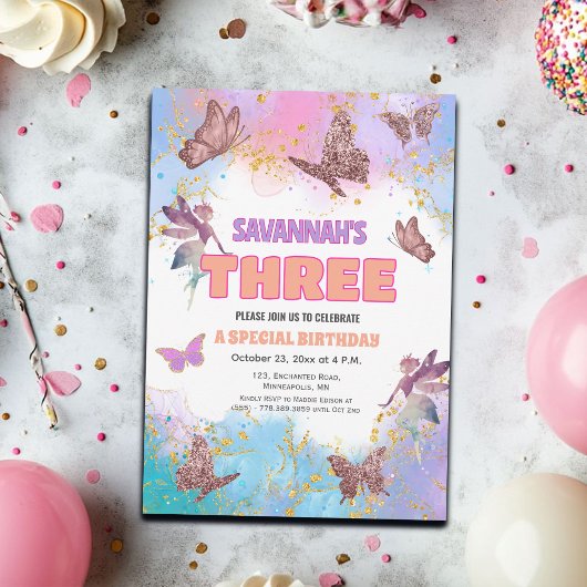 Butterflies Fairy Gold Glitter 3rd Birthday Party Einladung