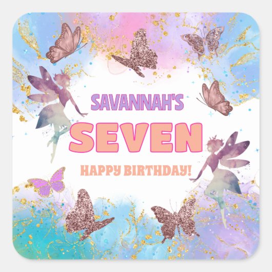 Butterflies Fairy Gold Glitter 7th Birthday Party Quadratischer Aufkleber (Vorderseite)