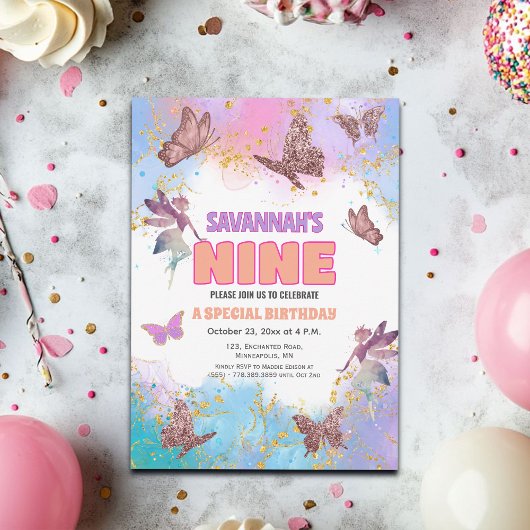 Butterflies Fairy Gold Glitter 9th Birthday Party Einladung