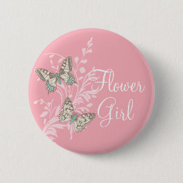 Butterflies flower girl pink wedding pin / button