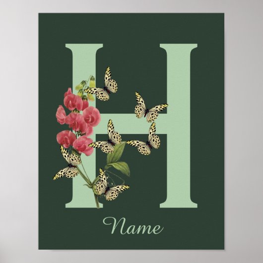 Butterflies Flower Monogram Initial H Personalized Poster (Vorne)