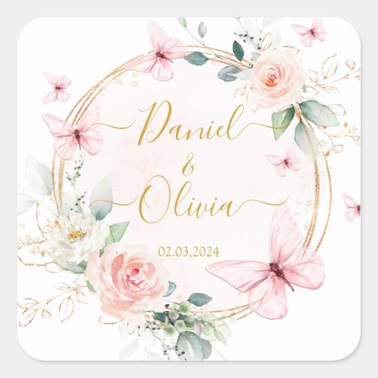 Butterflies Hochzeitsticker Quadratischer Aufkleber (Vorderseite)