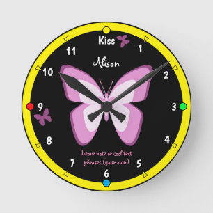 Butterflies & Kiss Clock, Girls Wonderland Fashion Runde Wanduhr
