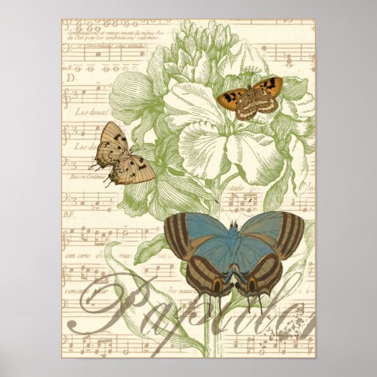 Butterflies on Sheet Music with Floral Design Poster (Vorne)