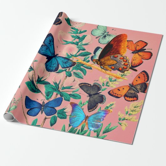 BUTTERFLIES PINK WRAPPPAPIER GESCHENKPAPIER (Ungerollt)