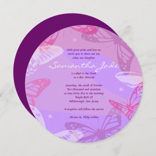 BUTTERFLIES & STARS Runder Bat Mitzvah Einladung (Vorne/Hinten)