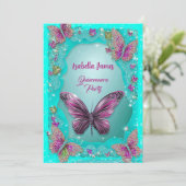 Butterflies türkis lila funkeln Glitzer Chic Einladung (Stehend Vorderseite)