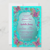 Butterflies türkis lila funkeln Glitzer Chic Einladung (Rückseite)