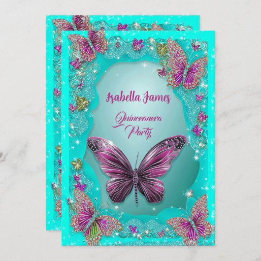 Butterflies türkis lila funkeln Glitzer Chic Einladung (Vorne/Hinten)