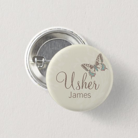 Butterflies Usher benanntes Creme Hochzeit Button  (Vorne & Hinten)