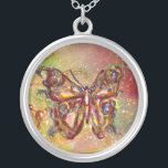 BUTTERFLUSS IN GLITZERN, gelb-braun Versilberte Kette<br><div class="desc">Eleganter und bunter Schmetterling. Malerei mit goldener und silberner Folie.</div>