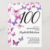 Butterfly 100. Geburtstag Einladung Rosa /Lila (Vorne/Hinten)