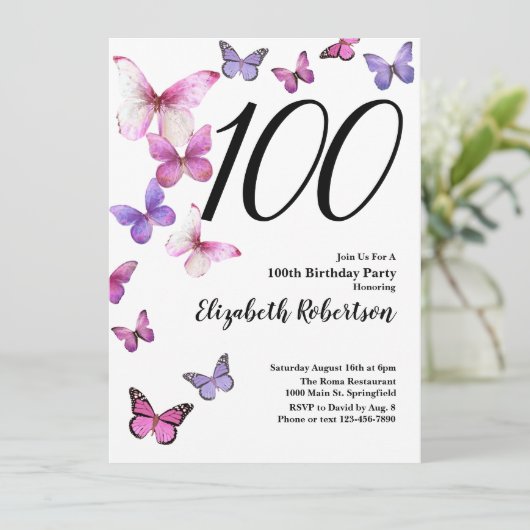 Butterfly 100. Geburtstag Einladung Rosa /Lila (Stehend Vorderseite)