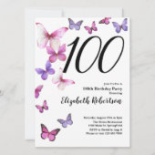 Butterfly 100. Geburtstag Einladung Rosa /Lila (Vorderseite)
