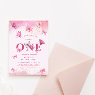 Butterfly 1. Geburtstag Baby Girl Pink Gold Staub Einladung