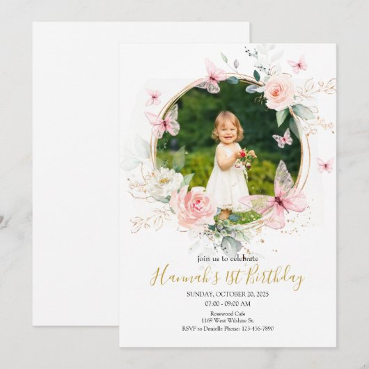 Butterfly 1. Geburtstag Einladung (Vorne/Hinten)