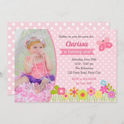Butterfly 1. Geburtstag Einladung mit Foto (Vorne/Hinten)