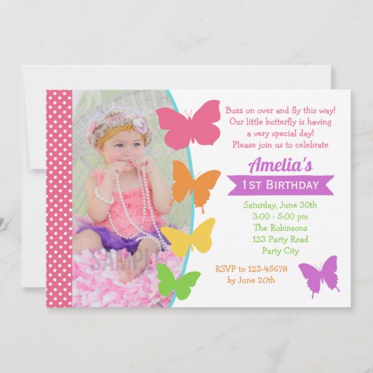 Butterfly 1. Geburtstag Einladung mit Foto Girl (Vorderseite)