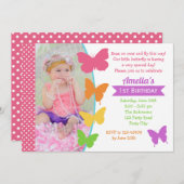 Butterfly 1. Geburtstag Einladung mit Foto Girl (Vorne/Hinten)