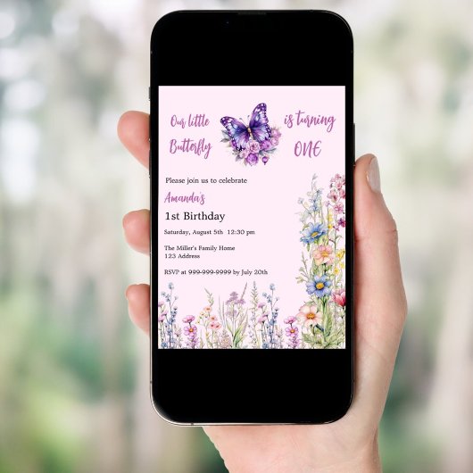 Butterfly 1. Geburtstag lila Mädchen Einladung