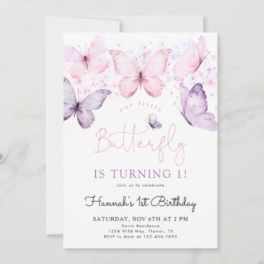 Butterfly 1. Geburtstagslädlerin Einladung (Vorderseite)
