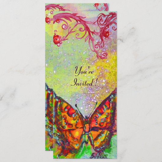 BUTTERFLY 3, hellrot-gelb, lila-rosa Funkeln Einladung (Vorne/Hinten)
