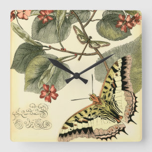 Butterfly and Dragonfly with Red Flowers Quadratische Wanduhr
