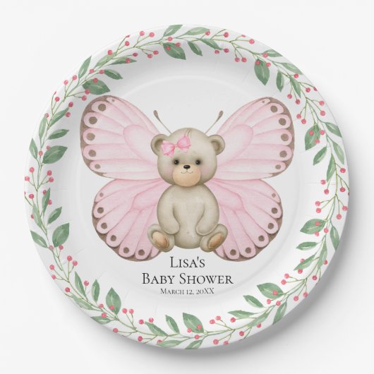 Butterfly Baby Bear Pink Dusche | Teller aus Papie (Vorderseite)
