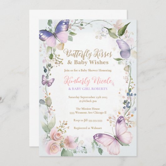 Butterfly Baby Butterfly küsst Babydusche Einladung (Vorne/Hinten)