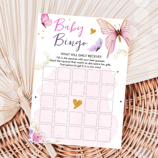 Butterfly Baby Dusche Bingo Game Pink Gold Girl Einladung