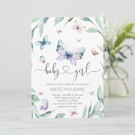 Butterfly-Baby-Dusche Einladung für ein Mädchen (Stehend Vorderseite)