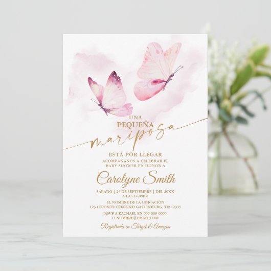 Butterfly-Baby-Dusche in Spanischer Einladung (Stehend Vorderseite)