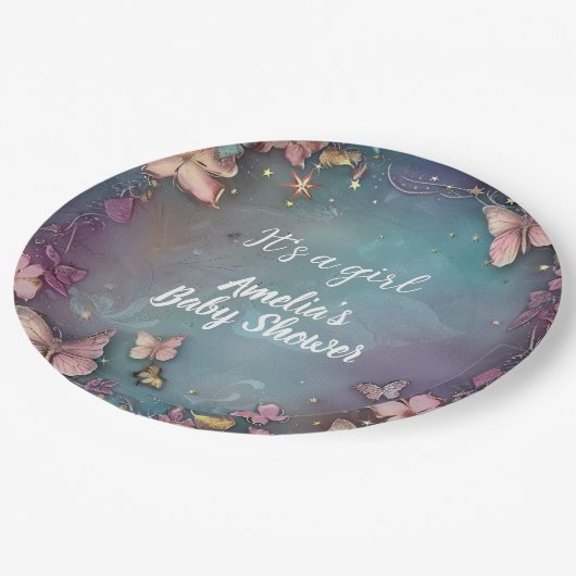 Butterfly Baby Dusche Lila Pappteller (Schrägansicht)