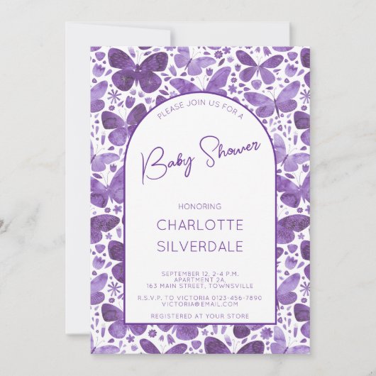 Butterfly Baby Dusche Wasserfarbe Lila Einladung (Vorderseite)