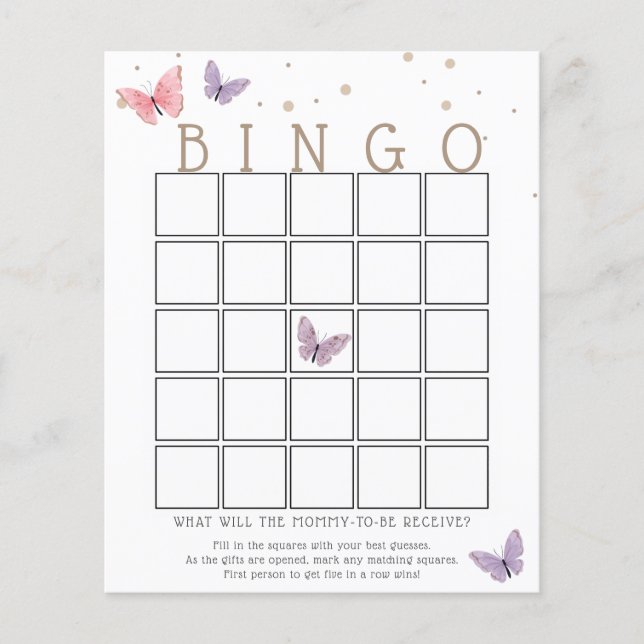 Butterfly Baby Shooter Bingo Game Card (Vorderseite)