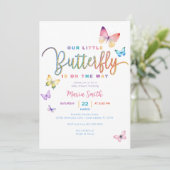 Butterfly Baby Showeinlage - Rainbow Glitzer Einladung (Stehend Vorderseite)