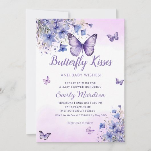 Butterfly Baby Shower Boho Lila Floral Girl Einladung (Vorderseite)