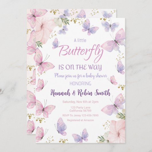 Butterfly Baby Shower Einladung Baby Mädchen einla (Vorne/Hinten)