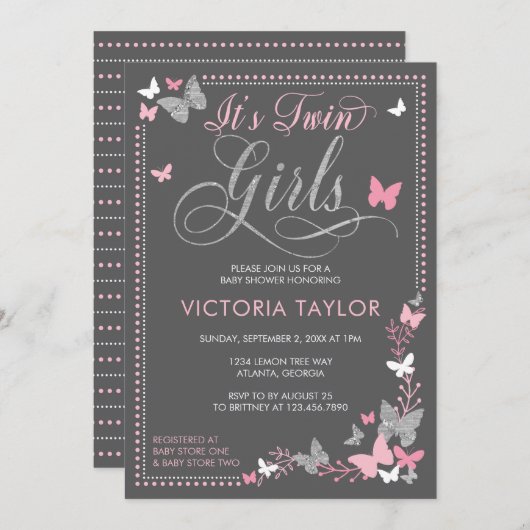 Butterfly Baby Shower Einladung für Twins (Vorne/Hinten)
