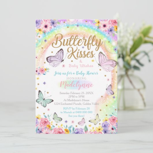 Butterfly Baby Shower Einladung Regenbogen Butterf (Stehend Vorderseite)