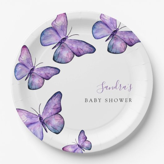 Butterfly Baby Shower Skript Custom Minimal Lila Pappteller (Vorderseite)